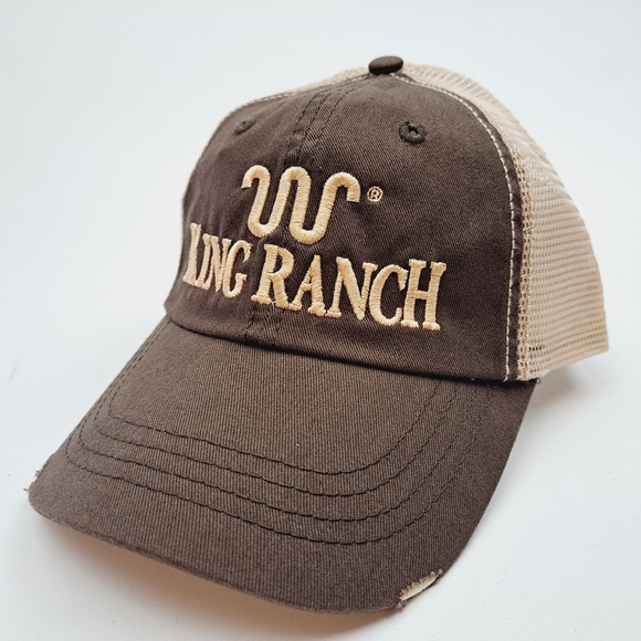 King Ranch Distressed Mesh Trucker Strapback Hat Cap Brown Embroidered - Picture 2 of 4